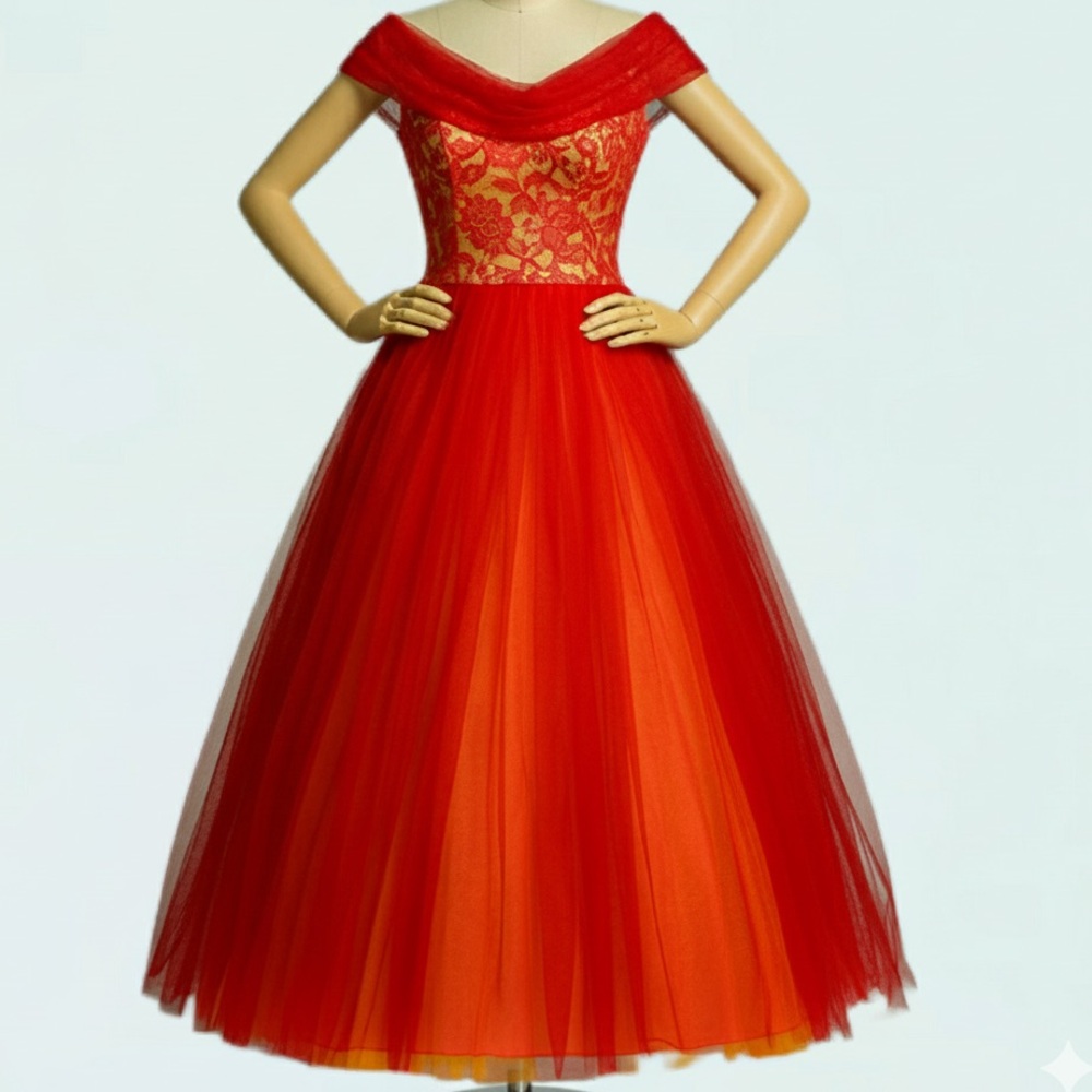 Rare 1950s Red Lace & Tulle Gala Ball Gown Size XS Formal Authentic